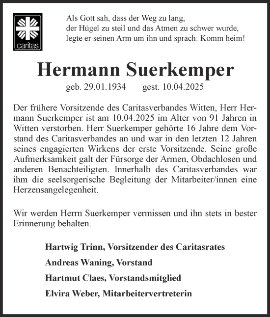 Traueranzeige von Hermann Suerkemper von Tageszeitung