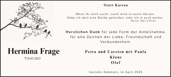 Traueranzeige von Hermina Frage von Tageszeitung