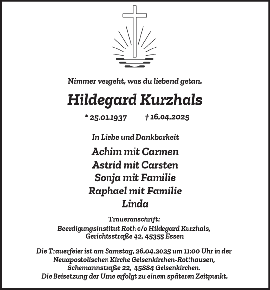 Traueranzeige von Hildegard Kurzhals von Tageszeitung