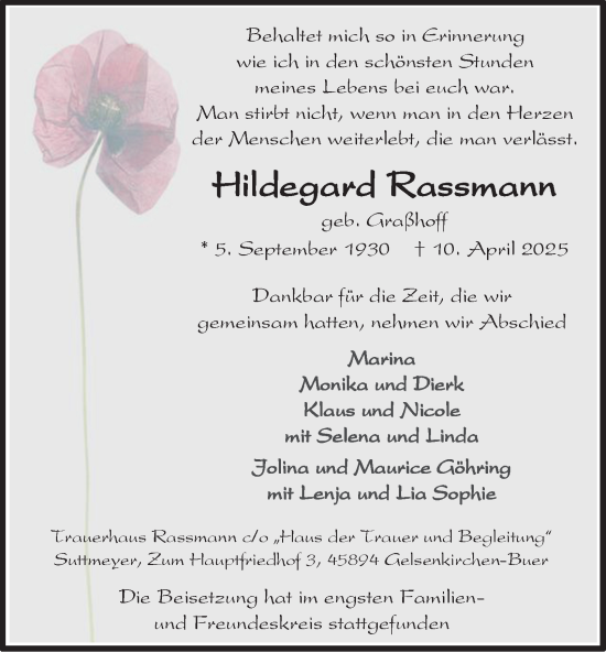 Traueranzeige von Hildegard Rassmann von Tageszeitung