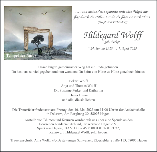 Traueranzeige von Hildegard Wolff von Tageszeitung