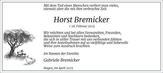 Traueranzeige von Horst Bremicker von Tageszeitung