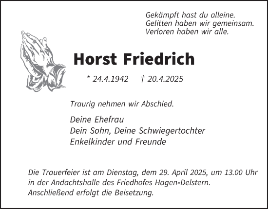 Traueranzeige von Horst Friedrich von Tageszeitung