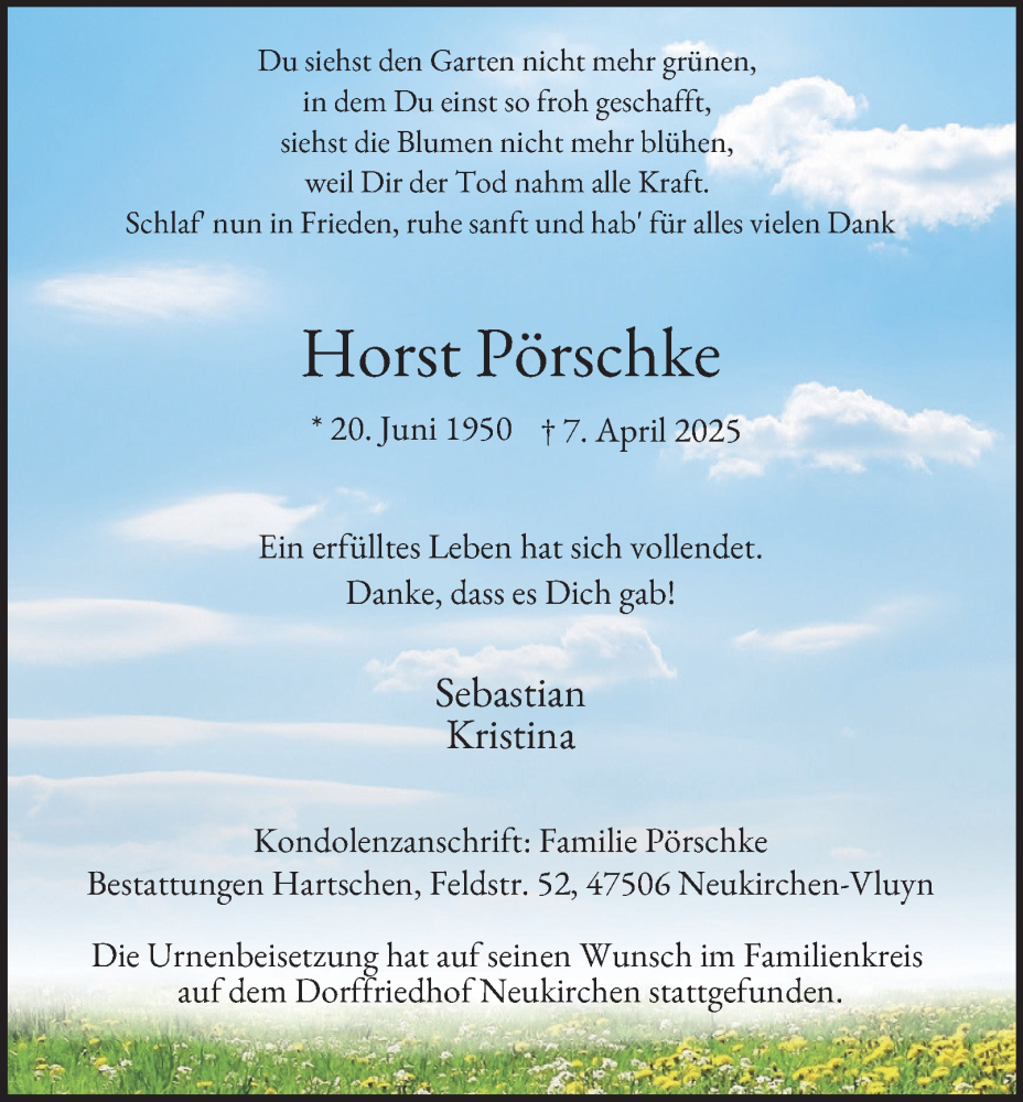  Traueranzeige für Horst Pörschke vom 26.04.2025 aus Tageszeitung