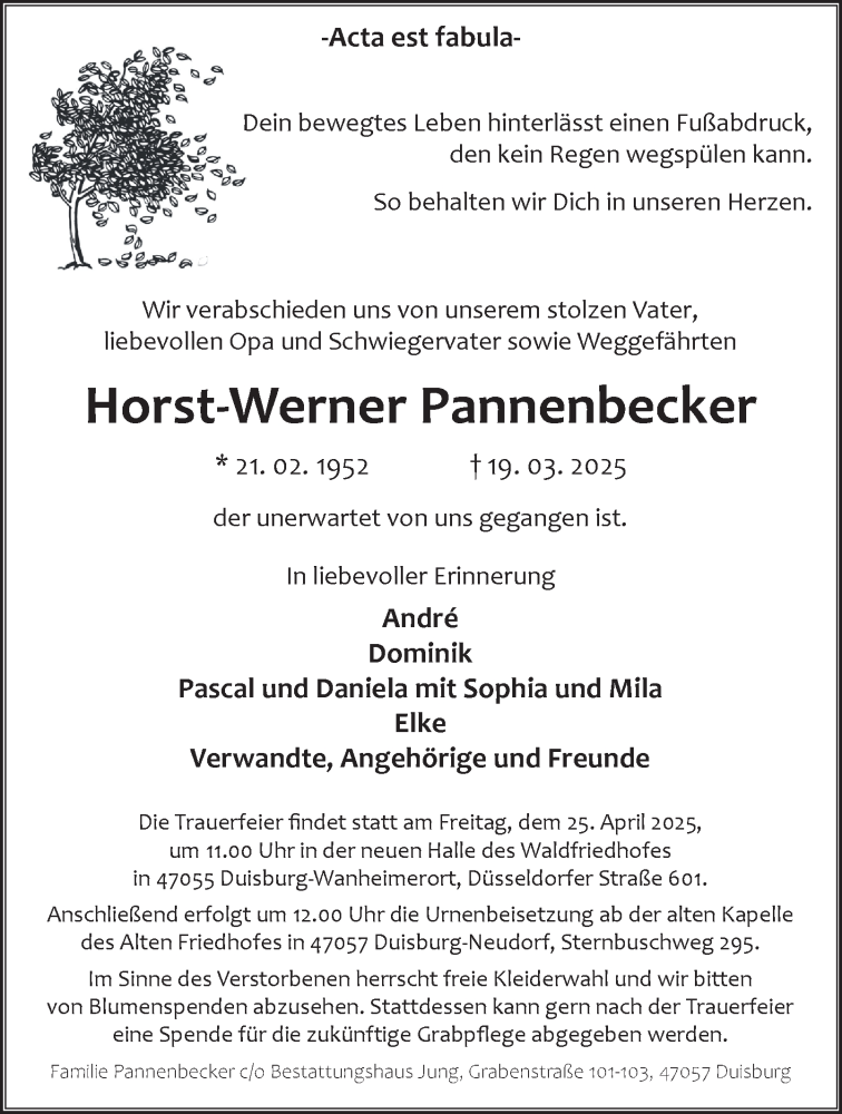  Traueranzeige für Horst-Werner Pannenbecker vom 19.04.2025 aus Tageszeitung