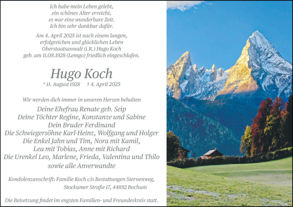  Traueranzeige für Hugo Koch vom 26.04.2025 aus Tageszeitung