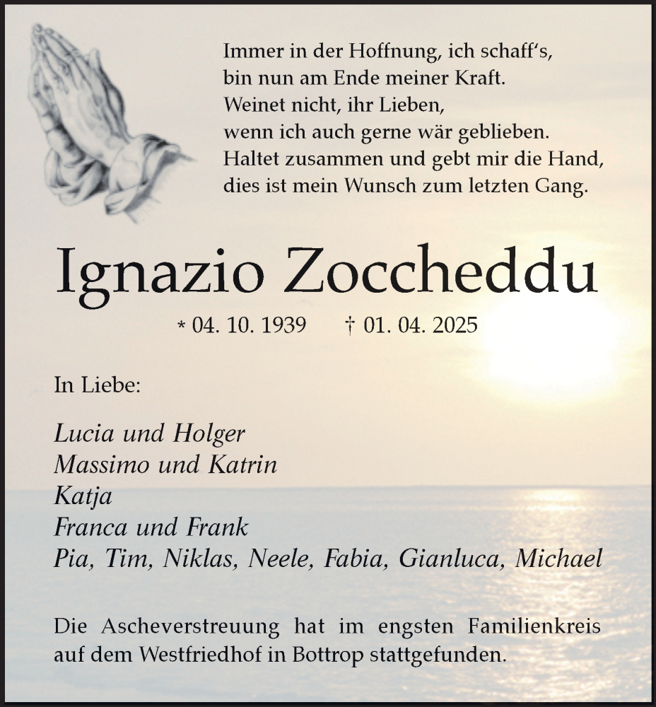  Traueranzeige für Ignazio Zoccheddu vom 19.04.2025 aus Tageszeitung