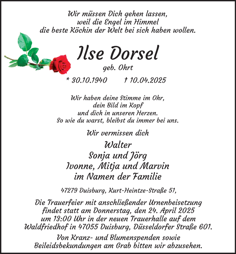  Traueranzeige für Ilse Dorsel vom 19.04.2025 aus Tageszeitung