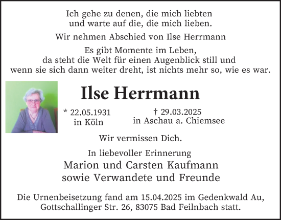 Traueranzeige von Ilse Herrmann von Tageszeitung