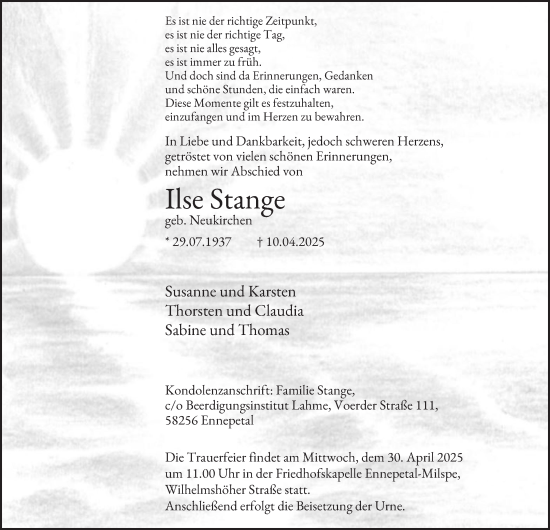 Traueranzeige von Ilse Stange von Tageszeitung