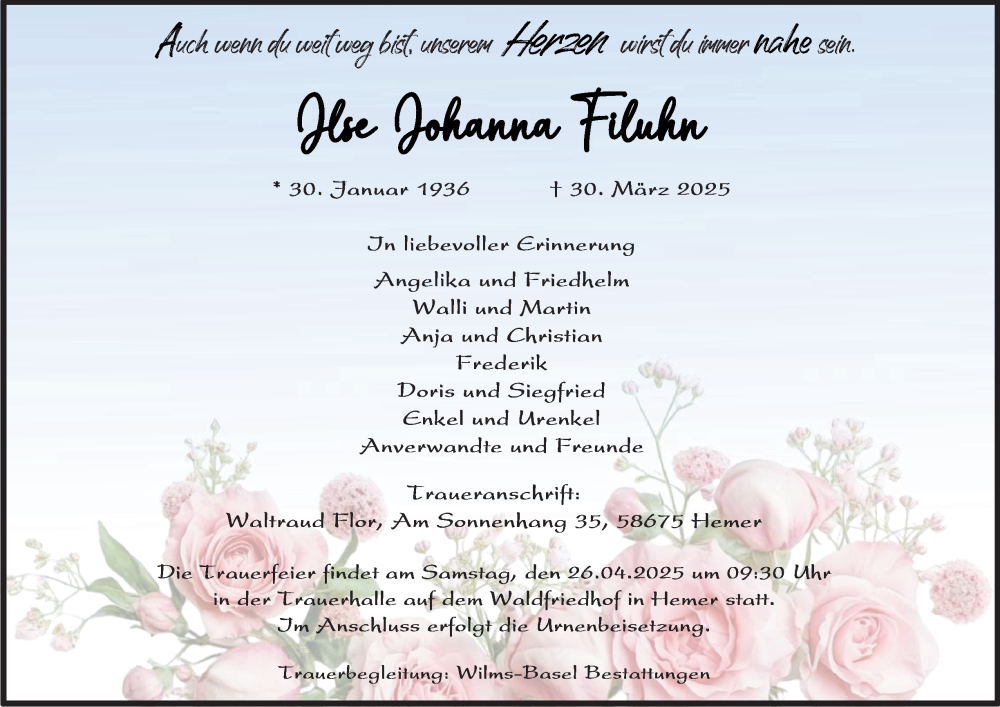  Traueranzeige für Ilse Johanna Filuhn vom 19.04.2025 aus Tageszeitung
