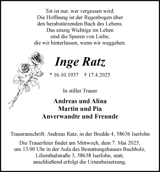 Traueranzeige von Inge Ratz von Tageszeitung