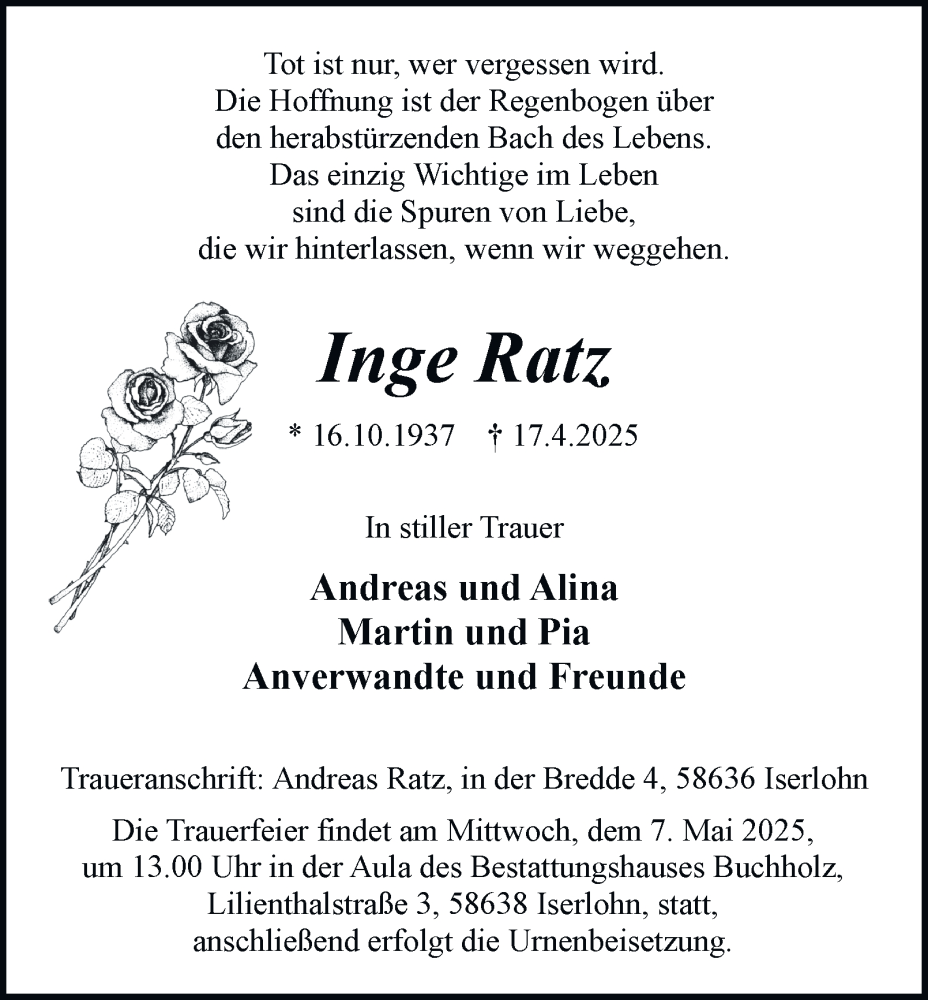  Traueranzeige für Inge Ratz vom 26.04.2025 aus Tageszeitung