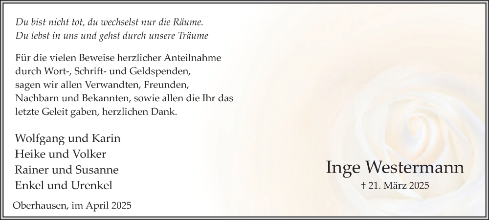  Traueranzeige für Inge Westermann vom 19.04.2025 aus Tageszeitung