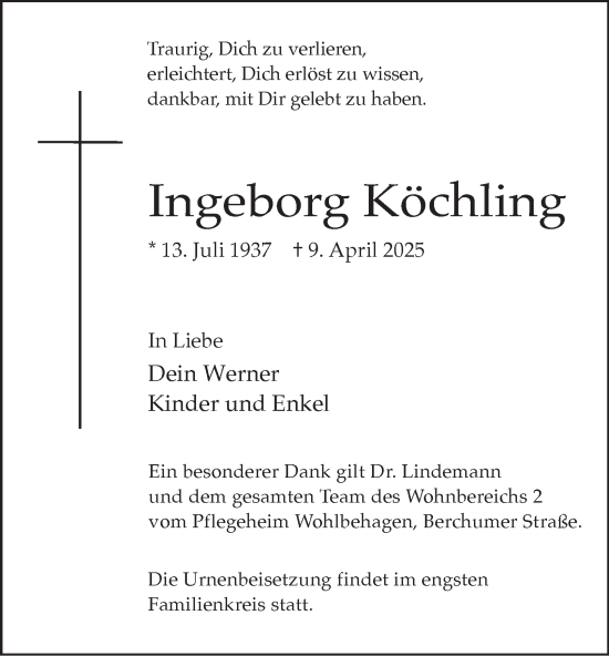 Traueranzeige von Ingeborg Köchling von Tageszeitung