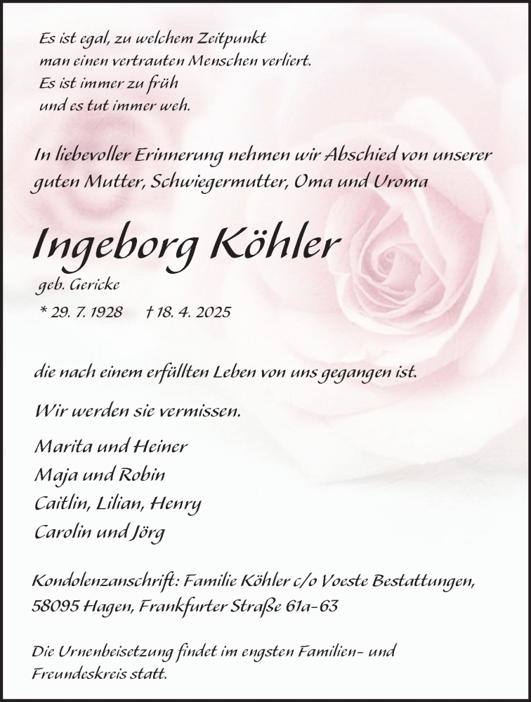  Traueranzeige für Ingeborg Köhler vom 26.04.2025 aus Tageszeitung