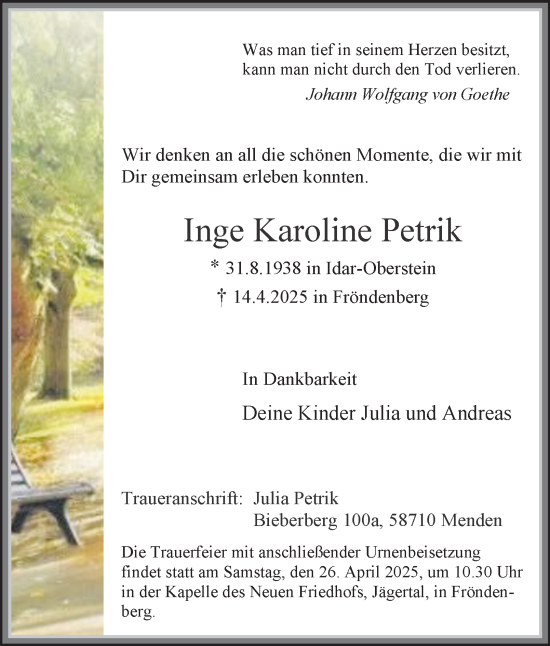 Traueranzeige von Inge Karoline Petrik von Tageszeitung