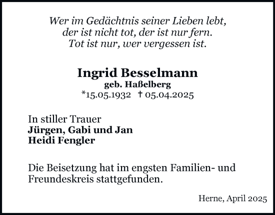 Traueranzeige von Ingrid Besselmann von Tageszeitung