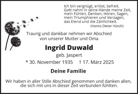 Traueranzeige von Ingrid Duwald von Tageszeitung