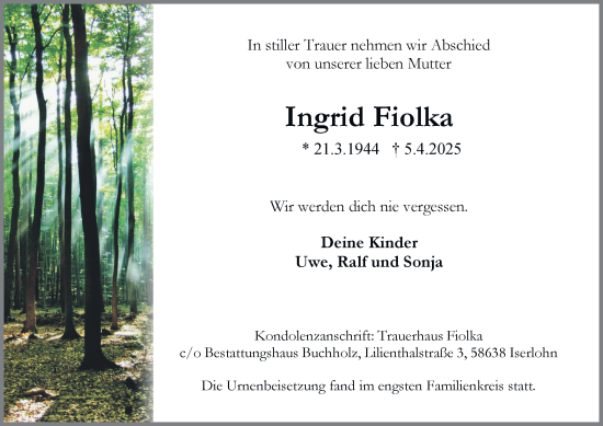 Traueranzeige von Ingrid Fiolka von Tageszeitung