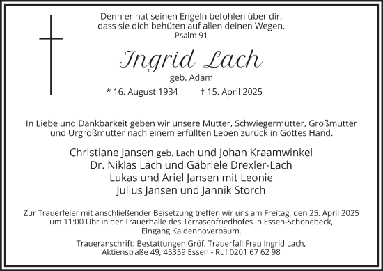 Traueranzeige von Ingrid Lach von Tageszeitung