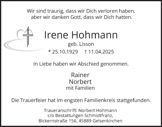 Traueranzeige von Irene Hohmann von Tageszeitung