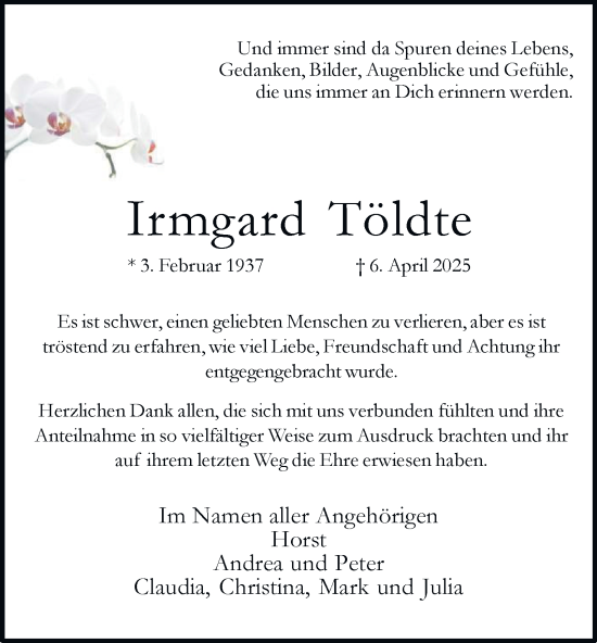 Traueranzeige von Irmgard Töldte von Tageszeitung