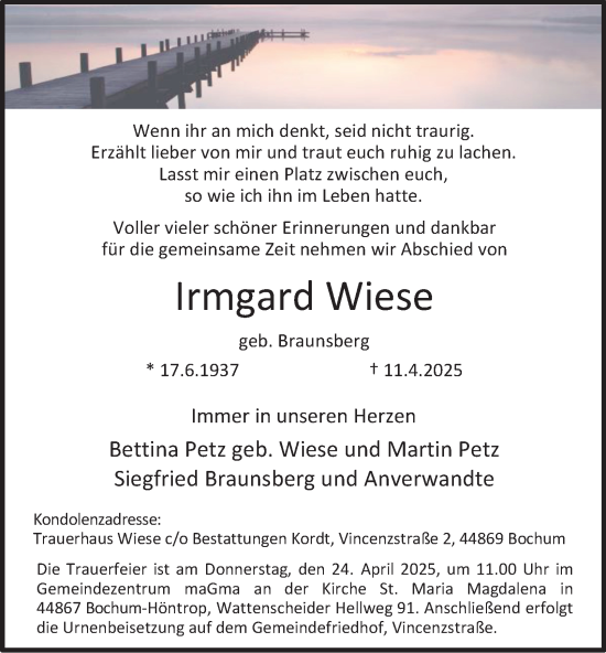 Traueranzeige von Irmgard Wiese von Tageszeitung