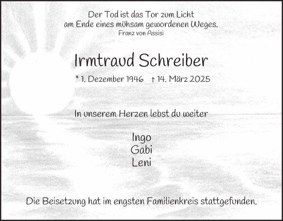 Traueranzeige von Irmtraud Schreiber von Tageszeitung