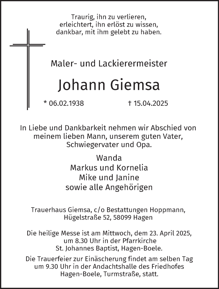  Traueranzeige für Johann Giemsa vom 19.04.2025 aus Tageszeitung