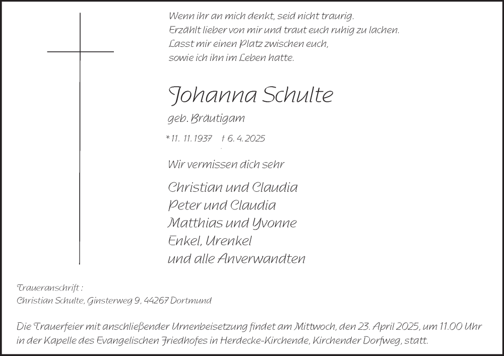  Traueranzeige für Johanna Schulte vom 23.04.2025 aus Tageszeitung