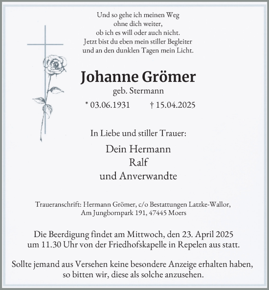 Traueranzeige von Johanne Grömer von Tageszeitung