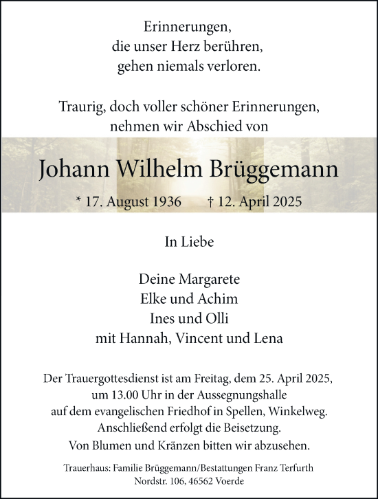 Traueranzeige von Johann Wilhelm Brüggemann von Tageszeitung