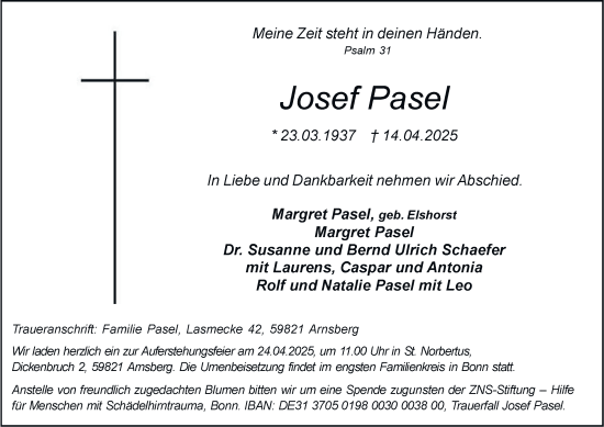 Traueranzeige von Josef Pasel von Tageszeitung