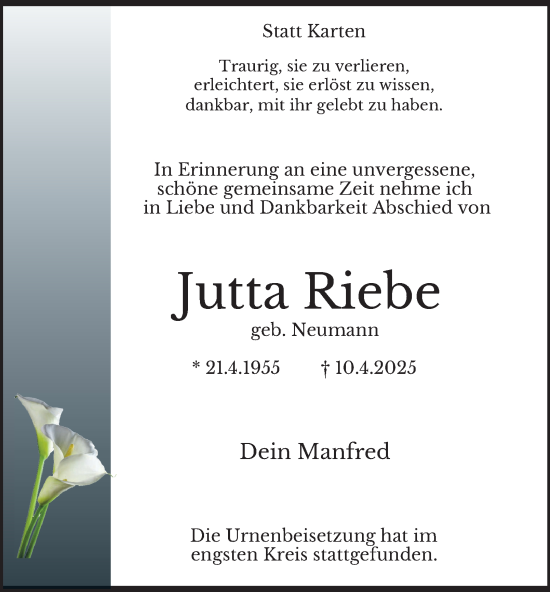 Traueranzeige von Jutta Riebe von Tageszeitung
