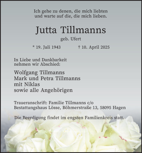 Traueranzeige von Jutta Tillmanns von Tageszeitung