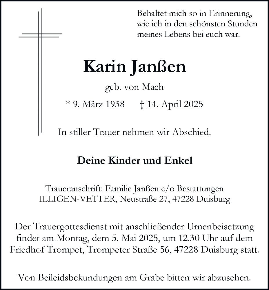  Traueranzeige für Karin Janßen vom 26.04.2025 aus Tageszeitung
