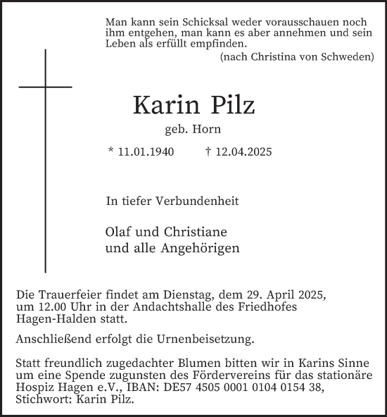 Traueranzeige von Karin Pilz von Tageszeitung