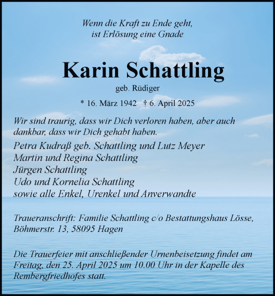 Traueranzeige von Karin Schattling von Tageszeitung