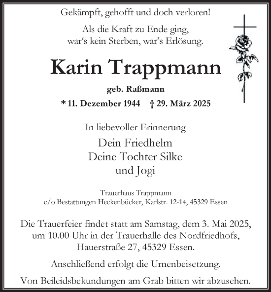 Traueranzeige von Karin Trappmann von Tageszeitung