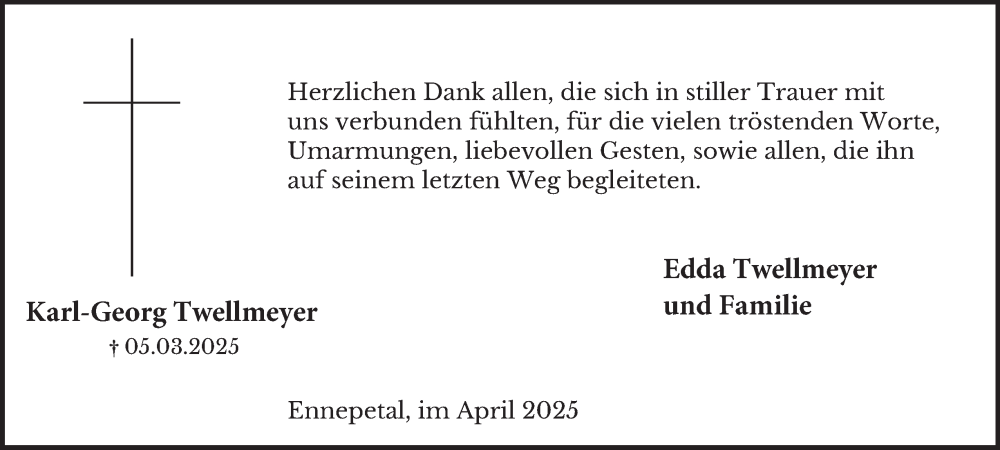  Traueranzeige für Karl-Georg Twellmeyer vom 26.04.2025 aus Tageszeitung