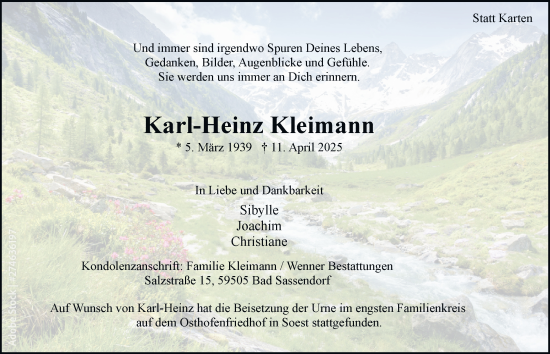 Traueranzeige von Karl-Heinz Kleimann von Tageszeitung