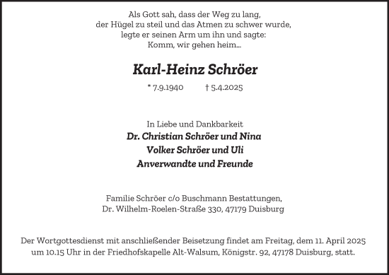 Traueranzeige von Karl-Heinz Schröer von Tageszeitung