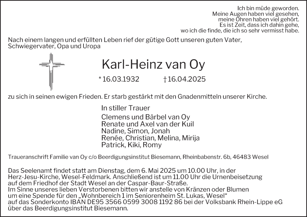  Traueranzeige für Karl-Heinz van Oy vom 26.04.2025 aus Tageszeitung