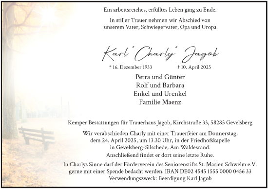 Traueranzeige von Karl Jagob von Tageszeitung