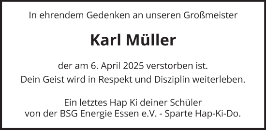 Traueranzeige von Karl Müller von Tageszeitung