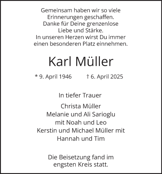 Traueranzeige von Karl Müller von Tageszeitung