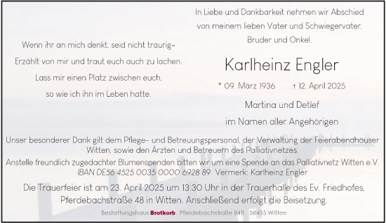 Traueranzeige von Karlheinz Engler von Tageszeitung