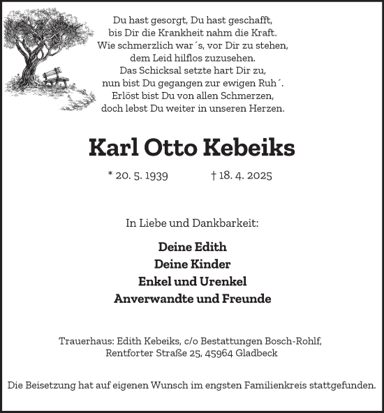 Traueranzeige von Karl Otto Kebeiks von Tageszeitung