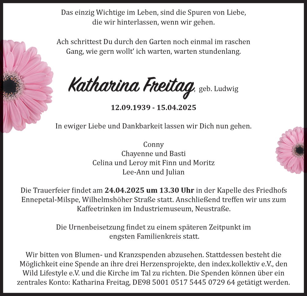  Traueranzeige für Katharina Freitag vom 19.04.2025 aus Tageszeitung